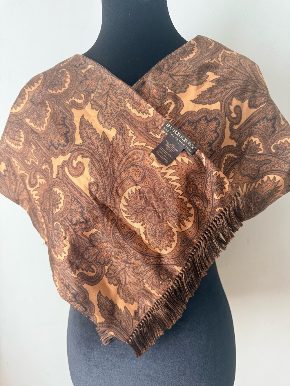 Burberry Silk Paisley Scarf in Brown and Cream - Picture 2 of 3